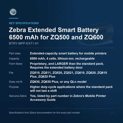 Zebra Extended Smart Battery 6500 mAh for ZQ500 and BTRY-MPP-EXT1-01 key specifications