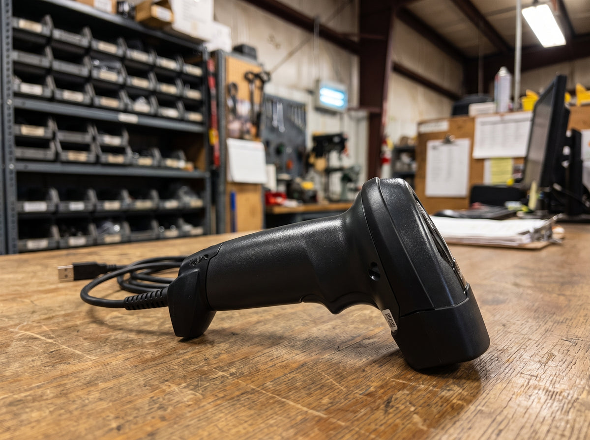Zebra LI2208 corded linear imager in black with its USB cable on a parts counter — AI-generated image