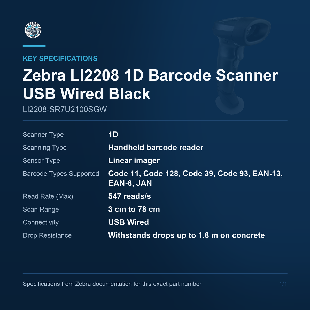 Zebra LI2208 1D Barcode Scanner USB Wired Black LI2208-SR7U2100SGW key specifications