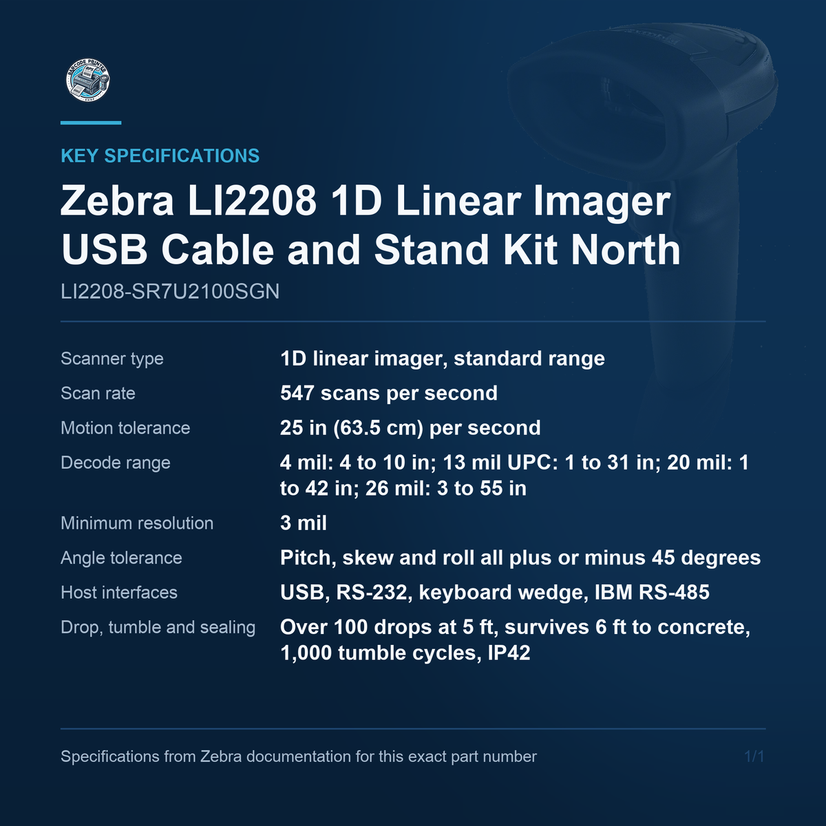 Zebra LI2208 1D Linear Imager USB Cable and Stand LI2208-SR7U2100SGN key specifications