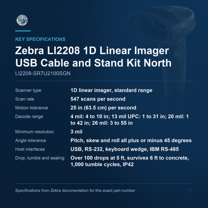 Zebra LI2208 1D Linear Imager USB Cable and Stand LI2208-SR7U2100SGN key specifications