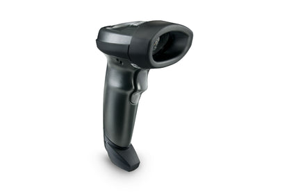 Zebra LI2208 corded 1D linear imager in black, front three-quarter view