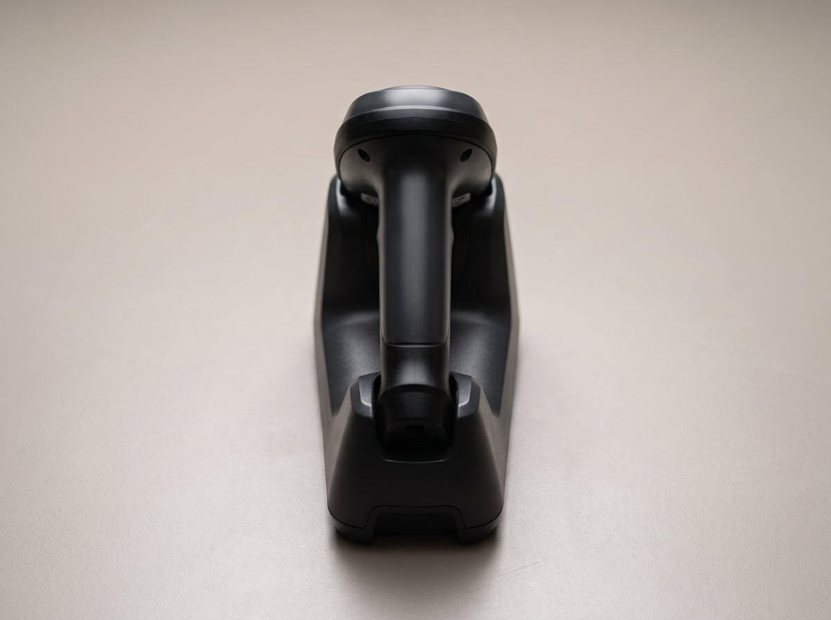 Zebra LI4278 cordless linear imager seated in its charging cradle, rear view — AI-generated image