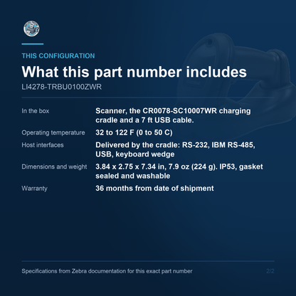 Zebra LI4278 Cordless Bluetooth 1D LI4278-TRBU0100ZWR configuration and what ships