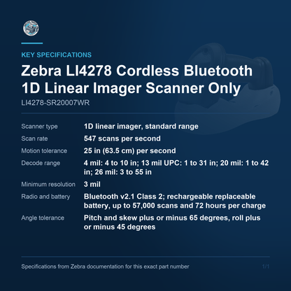 Zebra LI4278 Cordless Bluetooth 1D Linear Imager LI4278-SR20007WR key specifications