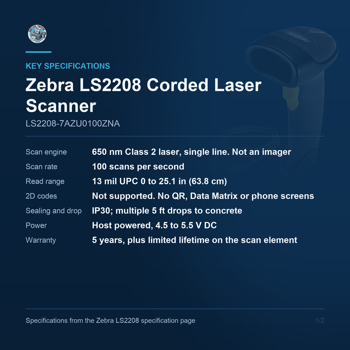Zebra LS2208 Corded Laser Scanner LS2208-7AZU0100ZNA key specifications