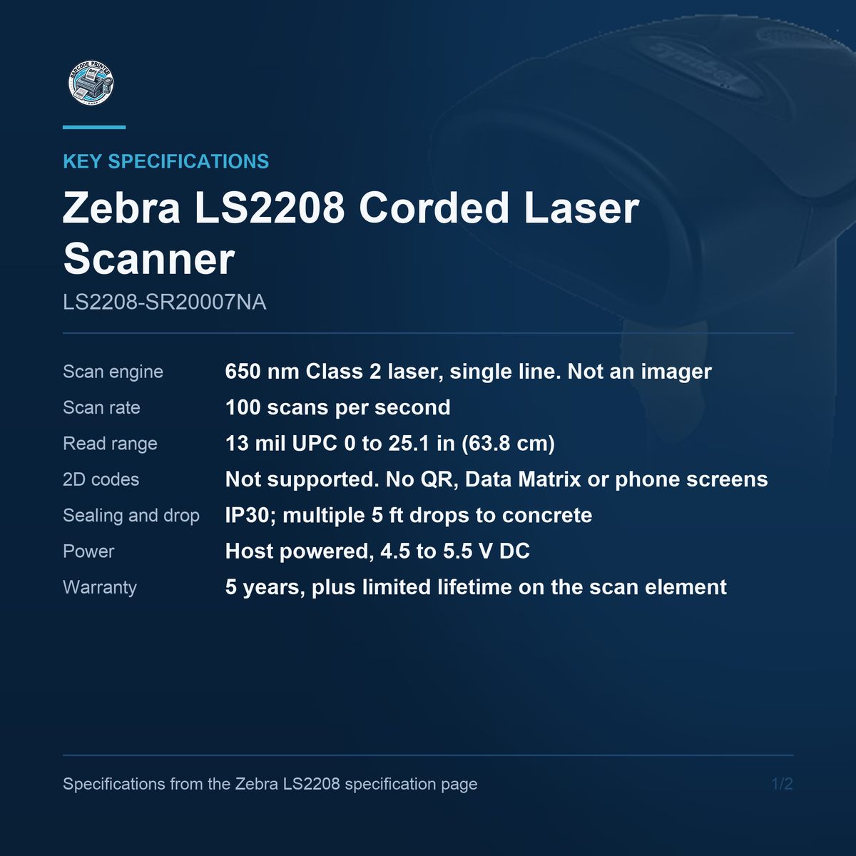Zebra LS2208 Corded Laser Scanner LS2208-SR20007NA key specifications