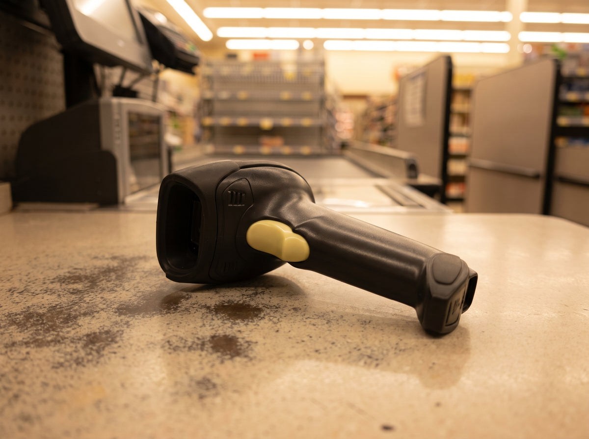 Zebra LS2208 corded laser barcode scanner in black resting on a checkout counter, scanner only — AI-generated image