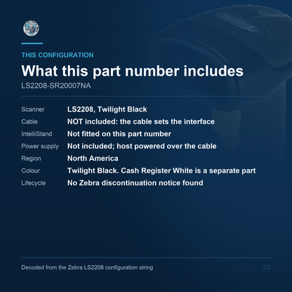 Zebra LS2208 Corded Laser Scanner LS2208-SR20007NA - What this part number includes
