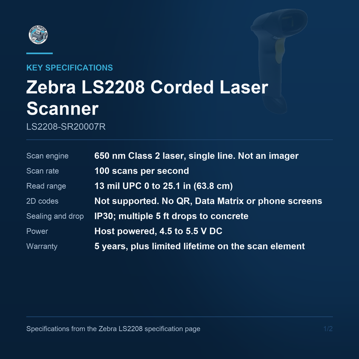 Zebra LS2208 Corded Laser Scanner LS2208-SR20007R key specifications