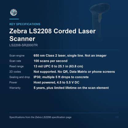 Zebra LS2208 Corded Laser Scanner LS2208-SR20007R key specifications