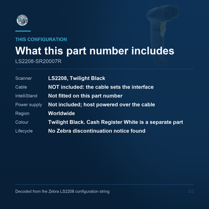 Zebra LS2208 Corded Laser Scanner LS2208-SR20007R - What this part number includes