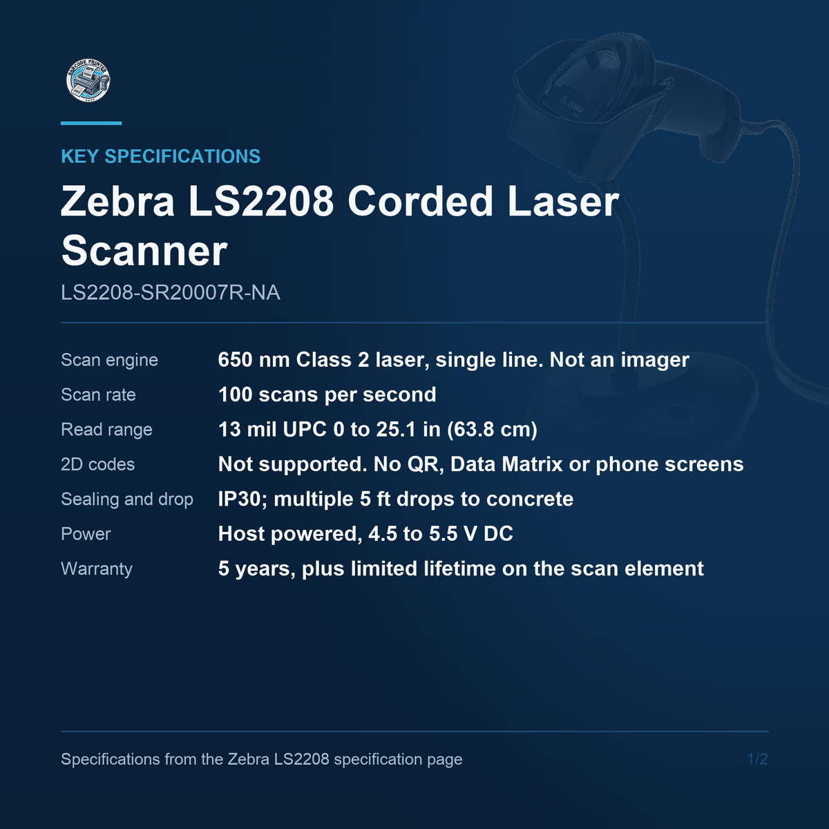Zebra LS2208 Corded Laser Scanner LS2208-SR20007R-NA key specifications