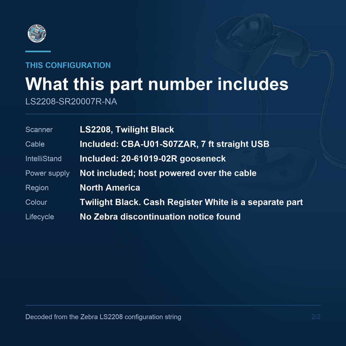 Zebra LS2208 Corded Laser Scanner LS2208-SR20007R-NA - What this part number includes