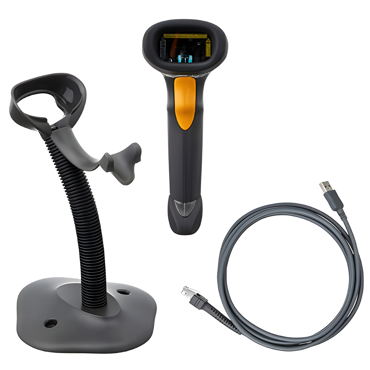 Zebra LS2208 laser scanner in its Intellistand with the USB cable supplied