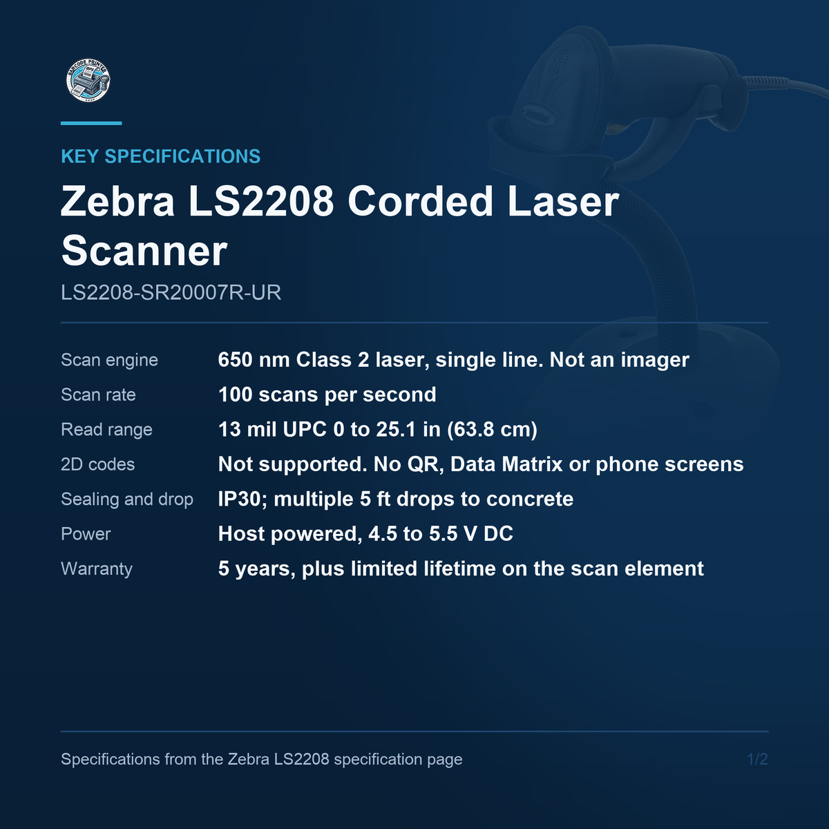 Zebra LS2208 Corded Laser Scanner LS2208-SR20007R-UR key specifications
