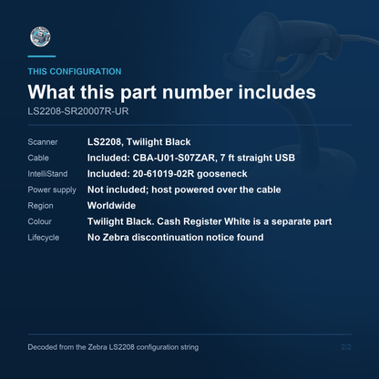 Zebra LS2208 Corded Laser Scanner LS2208-SR20007R-UR - What this part number includes