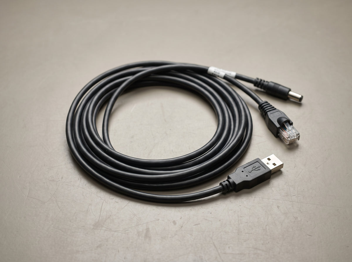 Zebra CBA-U42 powered USB Series A scanner cable coiled flat, showing the USB, scanner and power connectors — AI-generated image