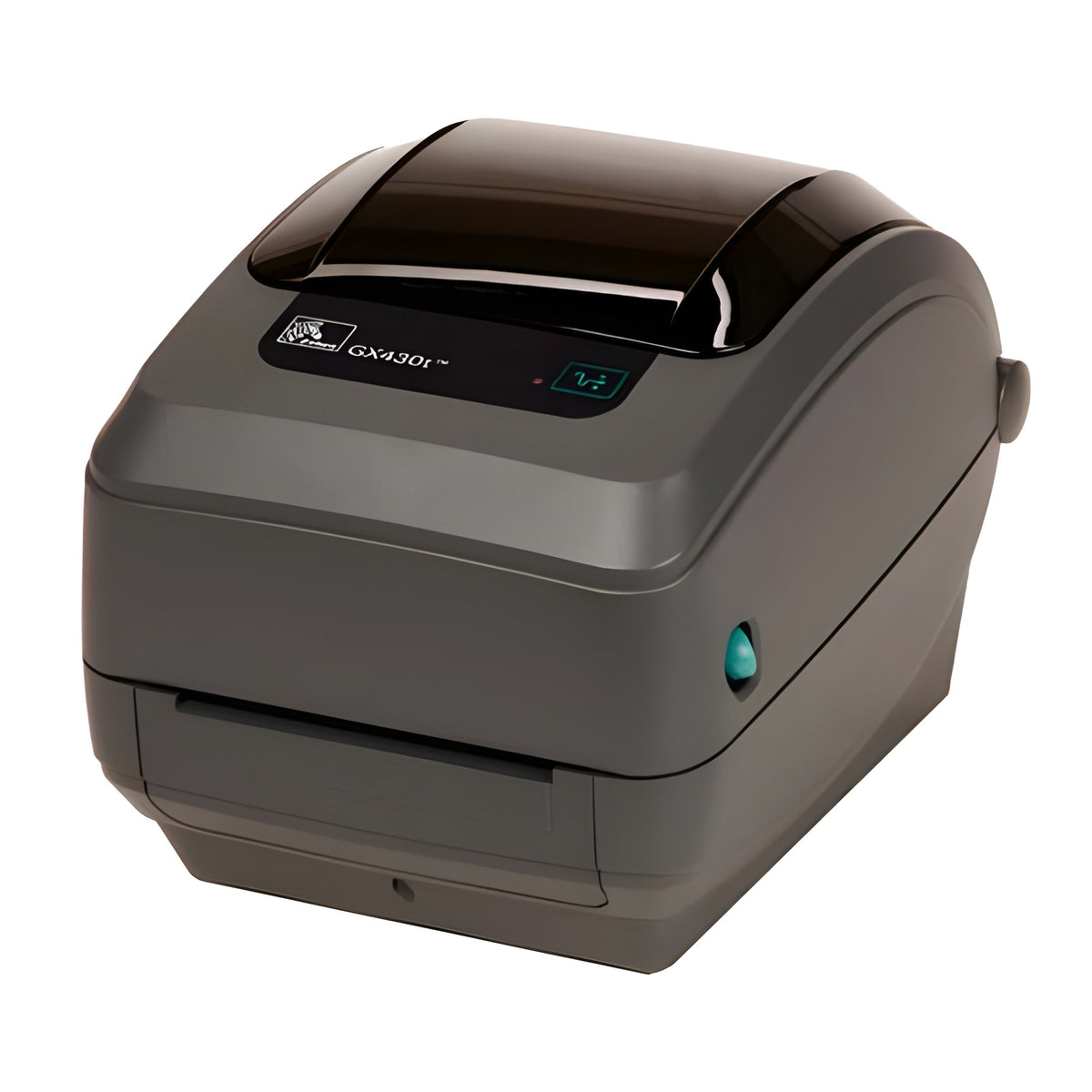 Zebra GX430t — printer front three-quarter view with the GX430t model badge