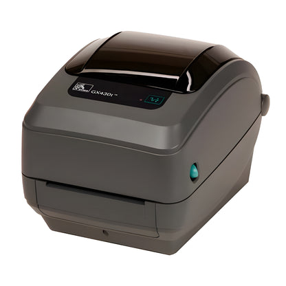 Zebra GX430t — printer front three-quarter view with the GX430t model badge