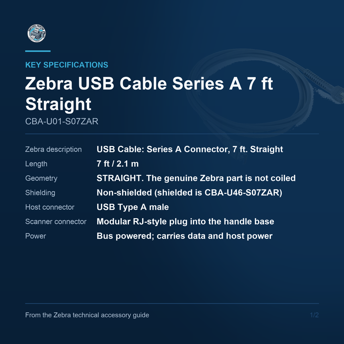 Zebra USB Cable Series A 7 ft Straight CBA-U01-S07ZAR key specifications