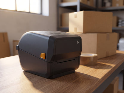Zebra ZD220t thermal transfer desktop label printer in charcoal on a packing bench — AI-generated image