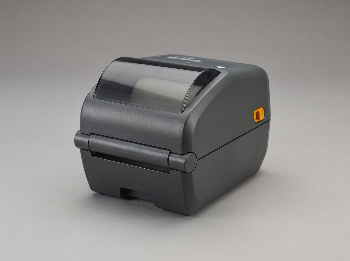Zebra ZD411 2-inch direct thermal desktop label printer, front view with the media door closed — AI-generated image