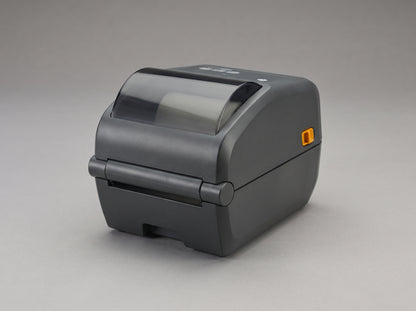 Zebra ZD411 2-inch direct thermal desktop label printer, front view with the media door closed — AI-generated image