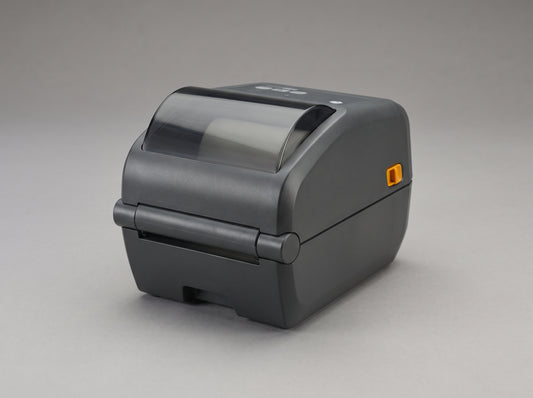 Zebra ZD411 2-inch direct thermal desktop label printer, front view with the media door closed — AI-generated image