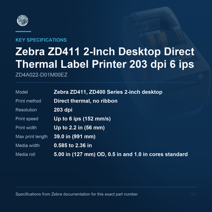 Zebra ZD411 2-Inch Desktop Direct Thermal Label ZD4A022-D01M00EZ key specifications