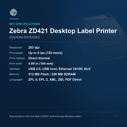 Zebra ZD421 Desktop Label Printer ZD4A042-D01E00EZ key specifications
