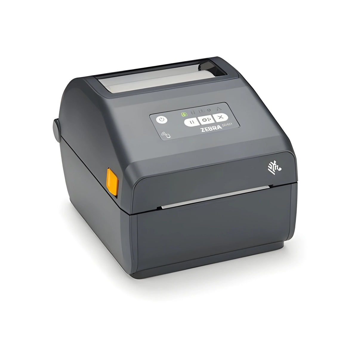 Zebra ZD421 desktop direct thermal label printer, right three-quarter view with the media door closed
