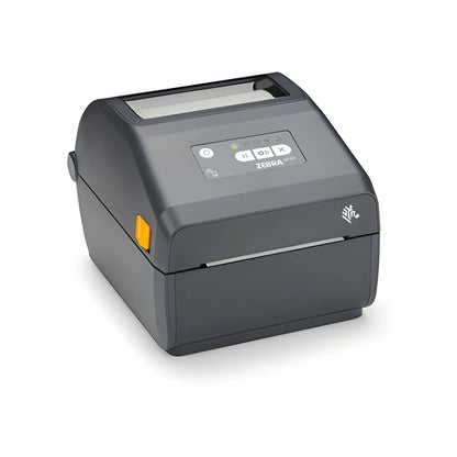 Zebra ZD421 desktop direct thermal label printer, right three-quarter view with the media door closed