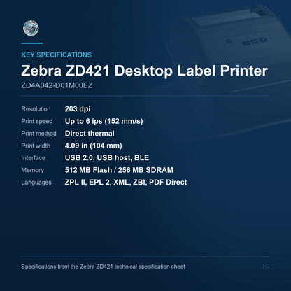 Zebra ZD421 Desktop Label Printer ZD4A042-D01M00EZ key specifications