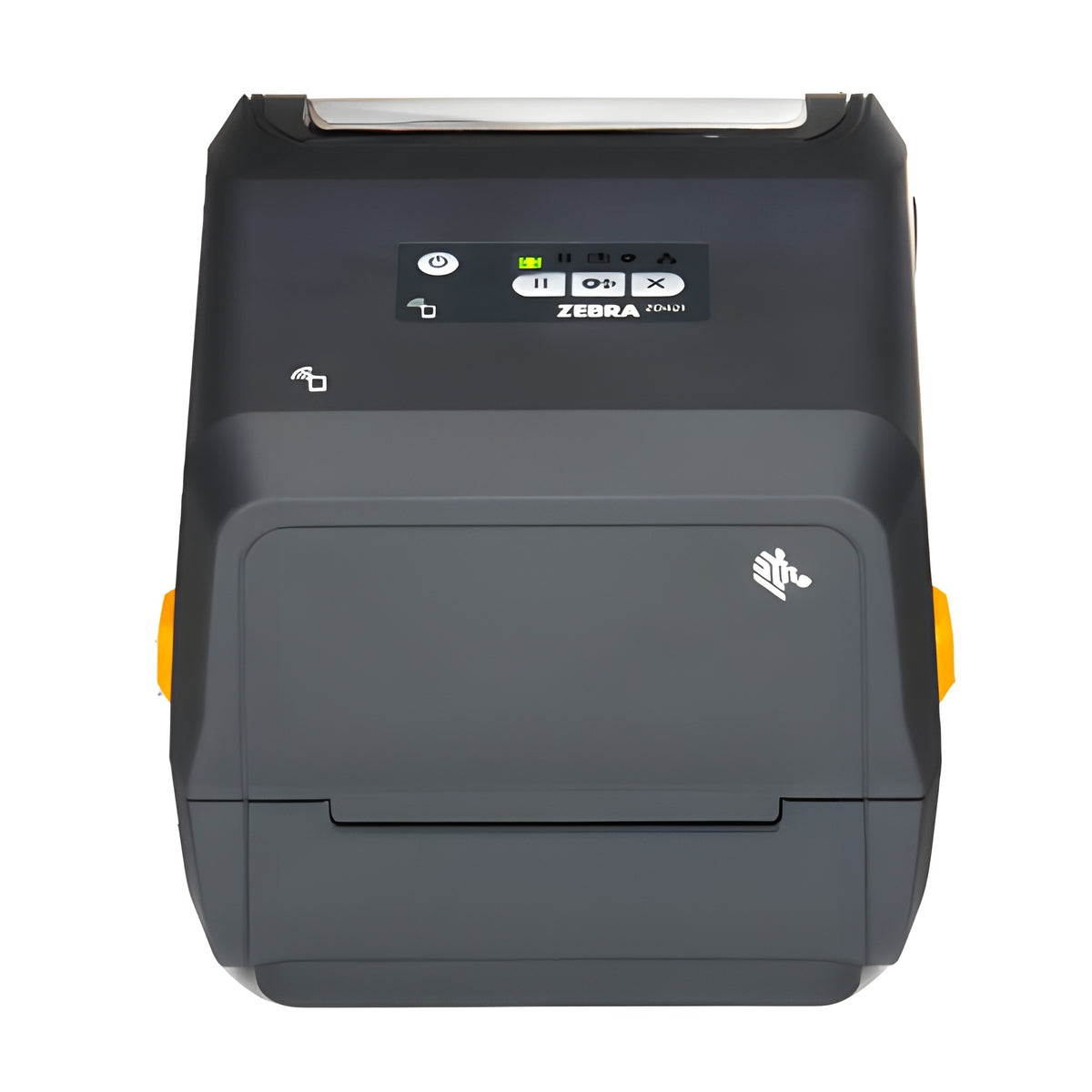 Zebra ZD421t thermal transfer desktop label printer — front view showing the control panel and both media-door latches