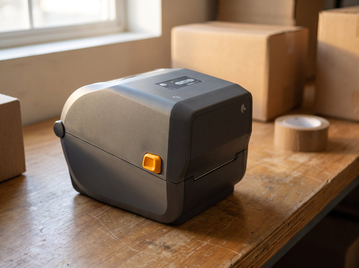 Zebra ZD421 300 dpi thermal transfer desktop label printer on a shipping bench, media door and side latch — AI-generated image