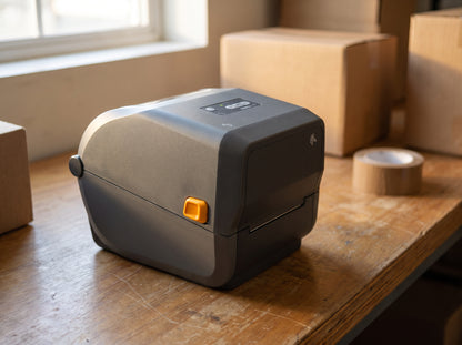 Zebra ZD421 300 dpi thermal transfer desktop label printer on a shipping bench, media door and side latch — AI-generated image