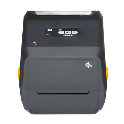 Zebra ZD421t thermal transfer desktop label printer — front view showing the control panel and both media-door latches