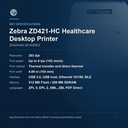 Zebra ZD421-HC Healthcare Desktop Printer ZD4AH42-301E00EZ key specifications