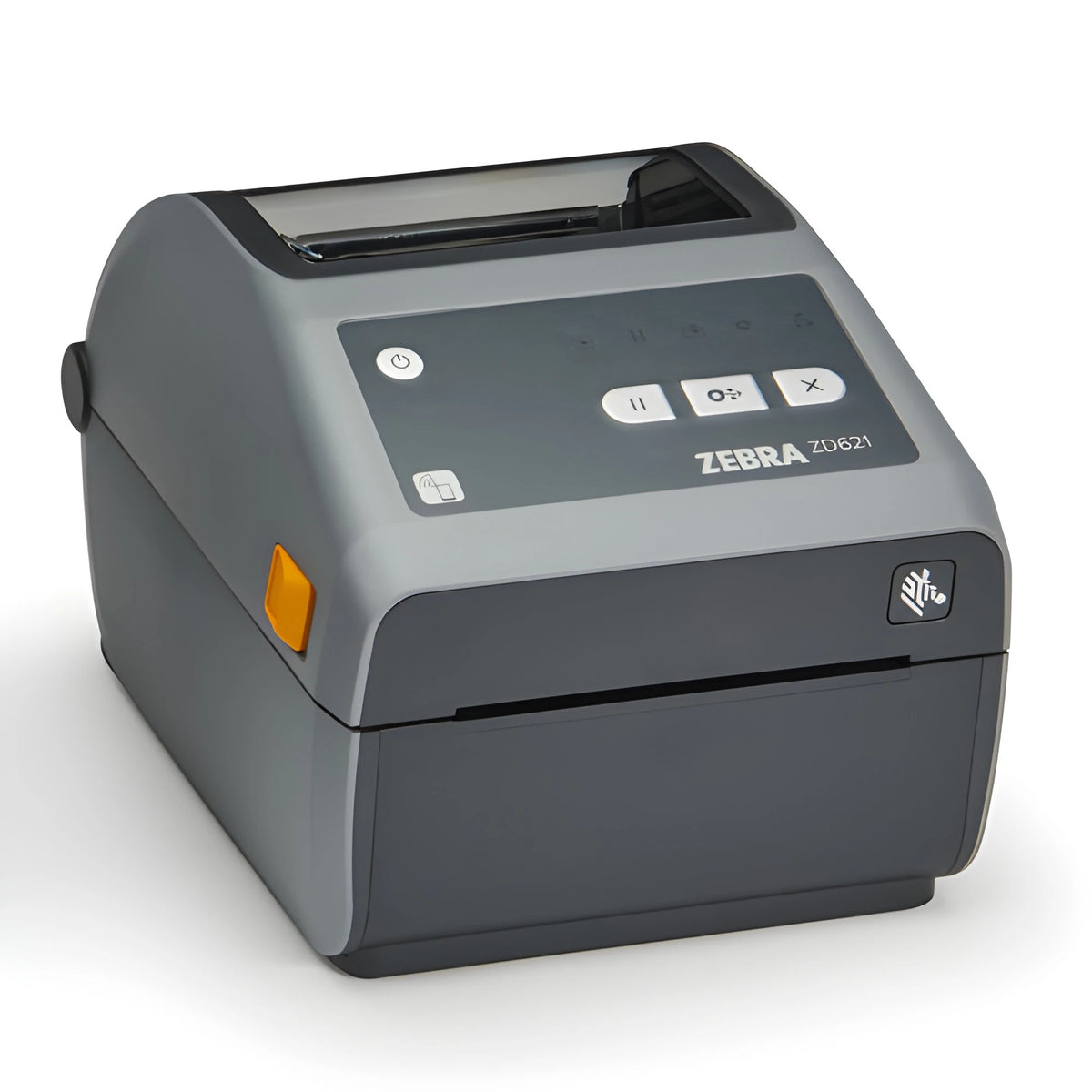 Zebra ZD621 desktop direct thermal label printer, left three-quarter view of the standard control panel