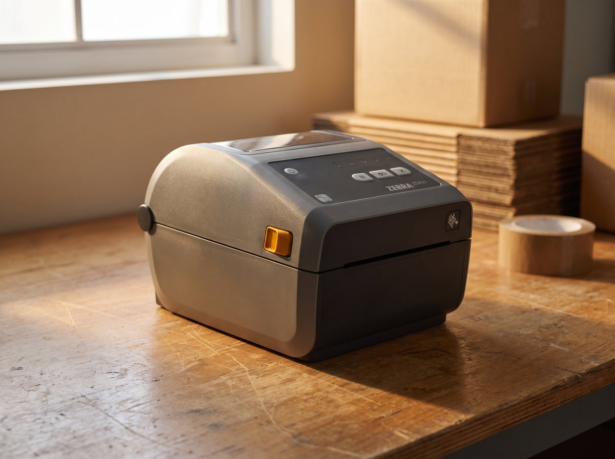 Zebra ZD621 direct thermal desktop label printer on a shipping bench beside plain cartons, left side view — AI-generated image