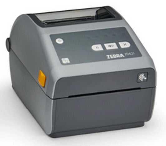 Zebra ZD621 desktop direct thermal label printer, front view with the media door closed