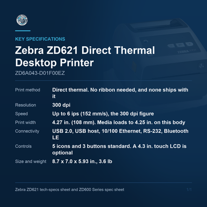 Zebra ZD621 300 dpi direct thermal printer ZD6A043-D01F00EZ key specifications