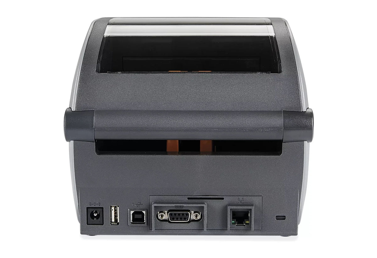Zebra ZD621 desktop label printer, rear panel showing the USB, Ethernet and serial ports