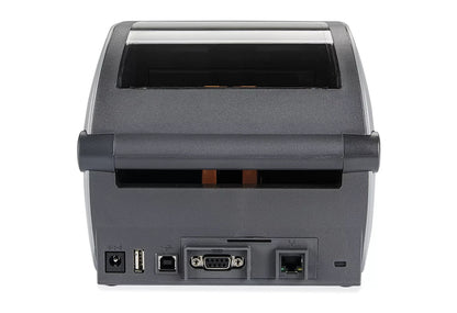 Zebra ZD621 desktop label printer, rear panel showing the USB, Ethernet and serial ports