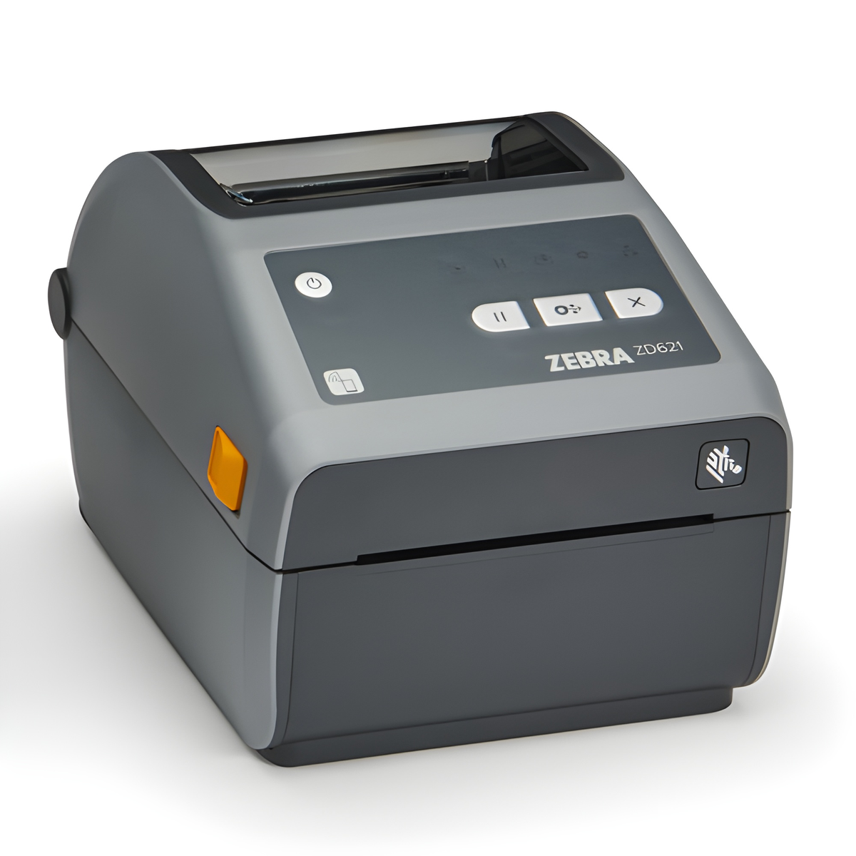 Zebra ZD621 direct thermal desktop printer, left three-quarter view of the standard icon panel