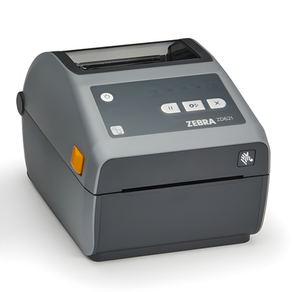 Zebra ZD621 direct thermal desktop printer, left three-quarter view of the standard icon panel