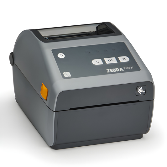 Zebra ZD621 direct thermal desktop printer, left three-quarter view of the standard icon panel