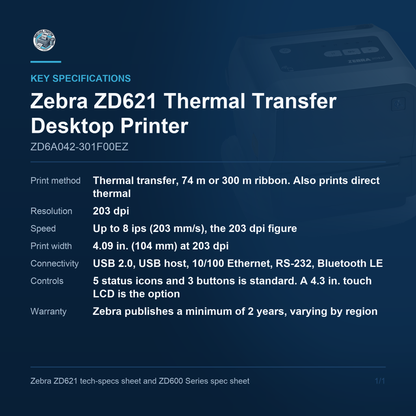 Zebra ZD621 thermal transfer desktop printer ZD6A042-301F00EZ key specifications