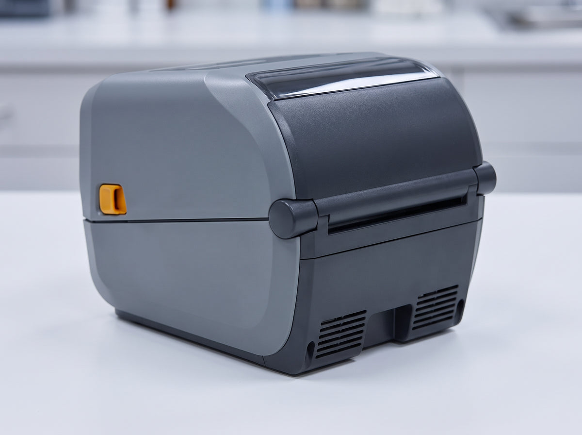 Zebra ZD621 300 dpi thermal transfer desktop label printer, rear three-quarter view of the shell — AI-generated image
